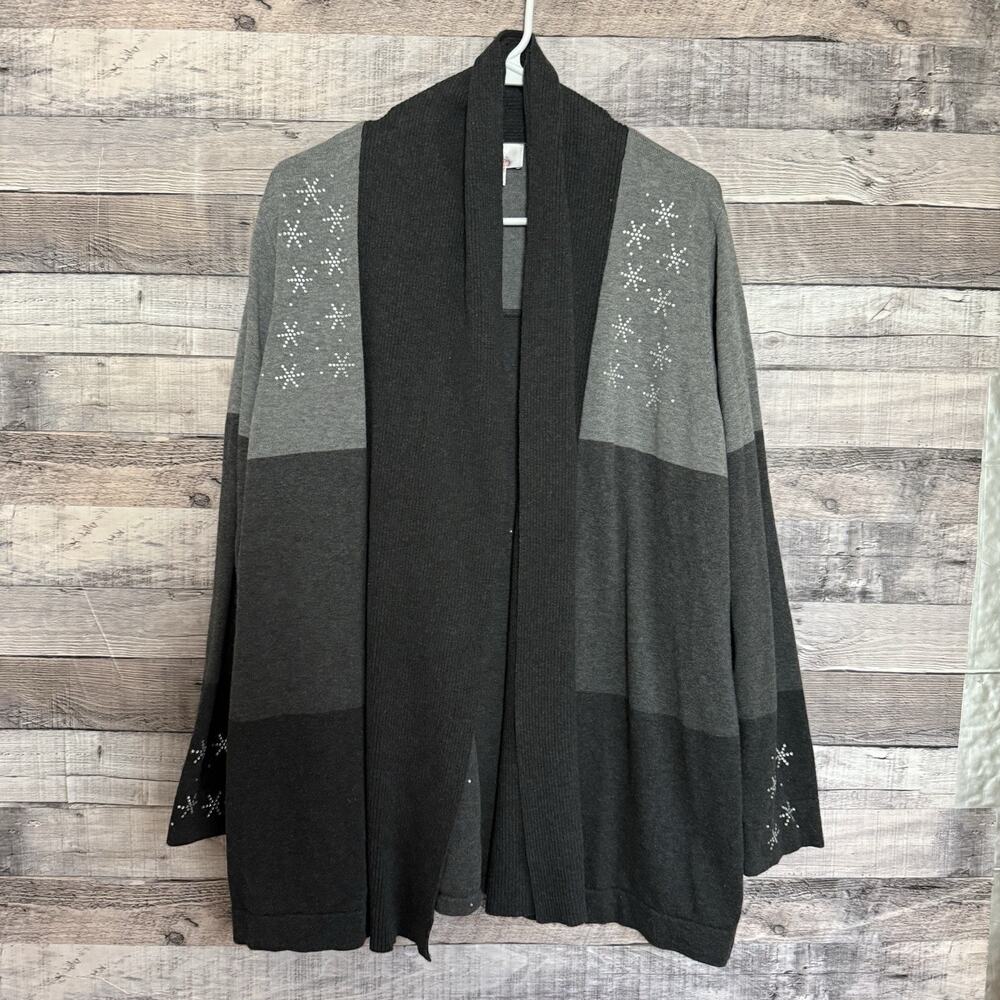 Quaker Factory Womens Two in One Layered Knit Cardigan Snow Flake Rhinestones 1X